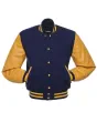 Navy Blue Wool Body American Varsity Jacket with Gold Leather Sleeves - Front View