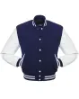 Navy Blue Wool and Cowhide Leather American Varsity Jacket - Front View
