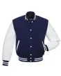 Navy Blue and Cowhide Leather Varsity Jacket - Front View