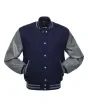 Navy Blue Wool and Cowhide Leather American Varsity Jacket - Front View