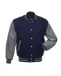 Navy Blue and Grey Cowhide Leather Varsity Jacket - Front View