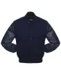 Navy Blue Wool and Cowhide Leather American Varsity Jacket - Front View