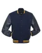 Navy Blue Wool and Cowhide Leather American Varsity Jacket - Front View