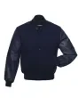 Navy Blue and Cowhide Leather Varsity Jacket - Front View
