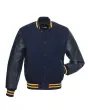 Navy Blue and Gold Striped Cowhide Leather Varsity Jacket - Front View