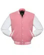 Pink Wool and White Leather American Varsity Jacket - Front View