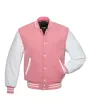 Pink and White Striped Cowhide Leather Varsity Jacket - Front View