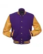 Purple Wool Body American Varsity Jacket with Gold Leather Sleeves - Front View