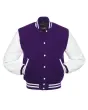 Purple Wool Body American Varsity Jacket with White Leather Sleeves - Front View