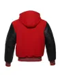 Back side view of Red and Black Varsity Jacket showcasing the clean design with quilted lining, highlighting the contrast between red wool and sleek black leather sleeves.