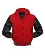 Front view of Red and Black Varsity Jacket featuring a hoodie collar, vibrant red wool body, and sleek black leather sleeves.