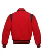 Back side view of Red Retro Varsity Jacket showcasing the clean design with lightweight lining and classic red wool sleeves.
