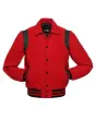 Front view of Red Retro Varsity Jacket featuring a retro collar, vibrant red wool body and sleeves, complemented by sleek black leather shoulder inserts.