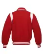 Back side view of Red Retro Varsity Jacket showcasing the clean design with lightweight lining and classic red wool sleeves.