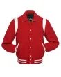 Front view of Red Retro Varsity Jacket featuring a retro collar, vibrant red wool body and sleeves, and contrasting white leather shoulder inserts.