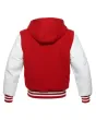 Back side view of Red and White Varsity Jacket showcasing the clean design with quilted lining, highlighting the contrast between red wool and white leather sleeves.