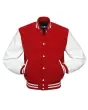 Red Wool Varsity Jacket with White Vinyl Sleeves - Front View