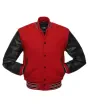 Red Wool Body American Varsity Jacket with Black Leather Sleeves - Front View
