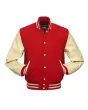 Red Wool and Cream Cowhide Leather American Varsity Jacket - Front View