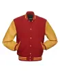 Red Wool and Gold Cowhide Leather American Varsity Jacket - Front View