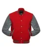 Red Wool and Grey Cowhide Leather American Varsity Jacket - Front View