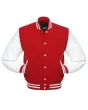 Red Wool and White Cowhide Leather American Varsity Jacket - Front View