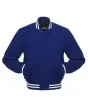 Regal Blue Classic Wool Varsity Jacket: Front view showcasing the deep regal blue wool, highlighted by contrasting stripes on cuffs and hem, featuring an embroidered logo on the chest.