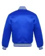 Regal Blue Striped Satin Bomber Jacket: Back view displaying the regal blue satin fabric and the jacket's design elements from behind, featuring its distinct stripes.