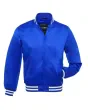 Regal Blue Striped Satin Bomber Jacket: Front view showcasing the rich regal blue satin fabric with contrasting stripes on cuffs and hem, featuring a sleek bomber design.
