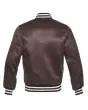 Rich Brown Striped Satin Bomber Jacket: Back view displaying the rich brown satin fabric and the jacket's design elements from behind, featuring its distinct stripes.
