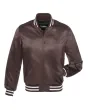 Rich Brown Striped Satin Bomber Jacket: Front view showcasing the rich brown satin fabric with contrasting stripes on cuffs and hem, featuring a stylish bomber design.
