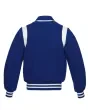Back side view of Royal Blue Retro Varsity Jacket showcasing the clean design with lightweight lining and classic royal blue wool sleeves.