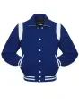 Front view of Royal Blue Retro Varsity Jacket featuring a retro collar, royal blue wool body and sleeves, and contrasting white leather shoulder inserts.