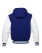 Back side view of Royal Blue and White Varsity Jacket showcasing the clean back design with quilted lining, highlighting the contrast between royal blue wool and white leather sleeves.
