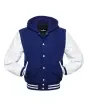 Front view of Royal Blue and White Varsity Jacket featuring a hoodie collar, royal blue wool body, and contrasting white leather sleeves.