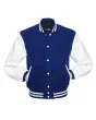 Royal Blue Wool American Varsity Jacket with White Vinyl Sleeves - Front View