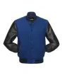 Royal Blue Wool and Black Cowhide Leather American Varsity Jacket - Front View