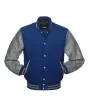 Royal Blue Wool Body American Varsity Jacket with Grey Leather Sleeves - Front View