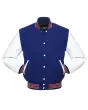 Royal Blue Wool Body American Varsity Jacket with White Leather Sleeves - Front View