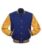 Royal Blue Wool and Gold Cowhide Leather American Varsity Jacket - Front View
