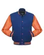 Royal Blue Wool and Orange Cowhide Leather American Varsity Jacket - Front View