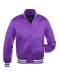 Royal Purple Striped Satin Bomber Jacket: Front view showcasing the luxurious royal purple satin fabric with contrasting stripes on cuffs and hem, featuring a stylish bomber design.
