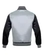 Silver and Black Striped Satin Bomber Jacket: Back view displaying the silver and black satin fabric and the jacket's design elements from behind, featuring its distinct stripes.