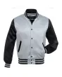 Silver and Black Striped Satin Bomber Jacket: Front view showcasing the sleek silver and black satin fabric with contrasting stripes on cuffs and hem, featuring a stylish bomber design.