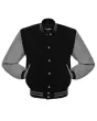 Slate Grey Classic Wool Varsity Jacket: Front view showcasing the sleek slate grey wool, accented by contrasting stripes on cuffs and hem, featuring an embroidered logo on the chest.