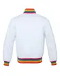 Snowy Rainbow Satin Bomber Jacket: Back view displaying the gradient rainbow effect against the snowy white satin fabric, showcasing the jacket's design and detailing from behind.
