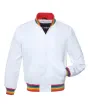 Snowy Rainbow Satin Bomber Jacket: Front view showcasing the snowy white satin fabric with a mesmerizing gradient rainbow sheen, featuring ribbed cuffs and hem.