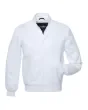 Snowy White Satin Bomber Jacket: Front view showcasing the elegant snowy white satin fabric with ribbed cuffs and hem, exuding a clean and stylish look.