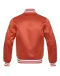 Texas Orange Striped Satin Bomber Jacket: Back view displaying the Texas orange satin fabric and the jacket's design elements from behind, featuring its distinct stripes.