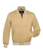 Vegas Gold Striped Satin Bomber Jacket: Front view showcasing the radiant vegas gold satin fabric with contrasting stripes on cuffs and hem, featuring a stylish bomber design.